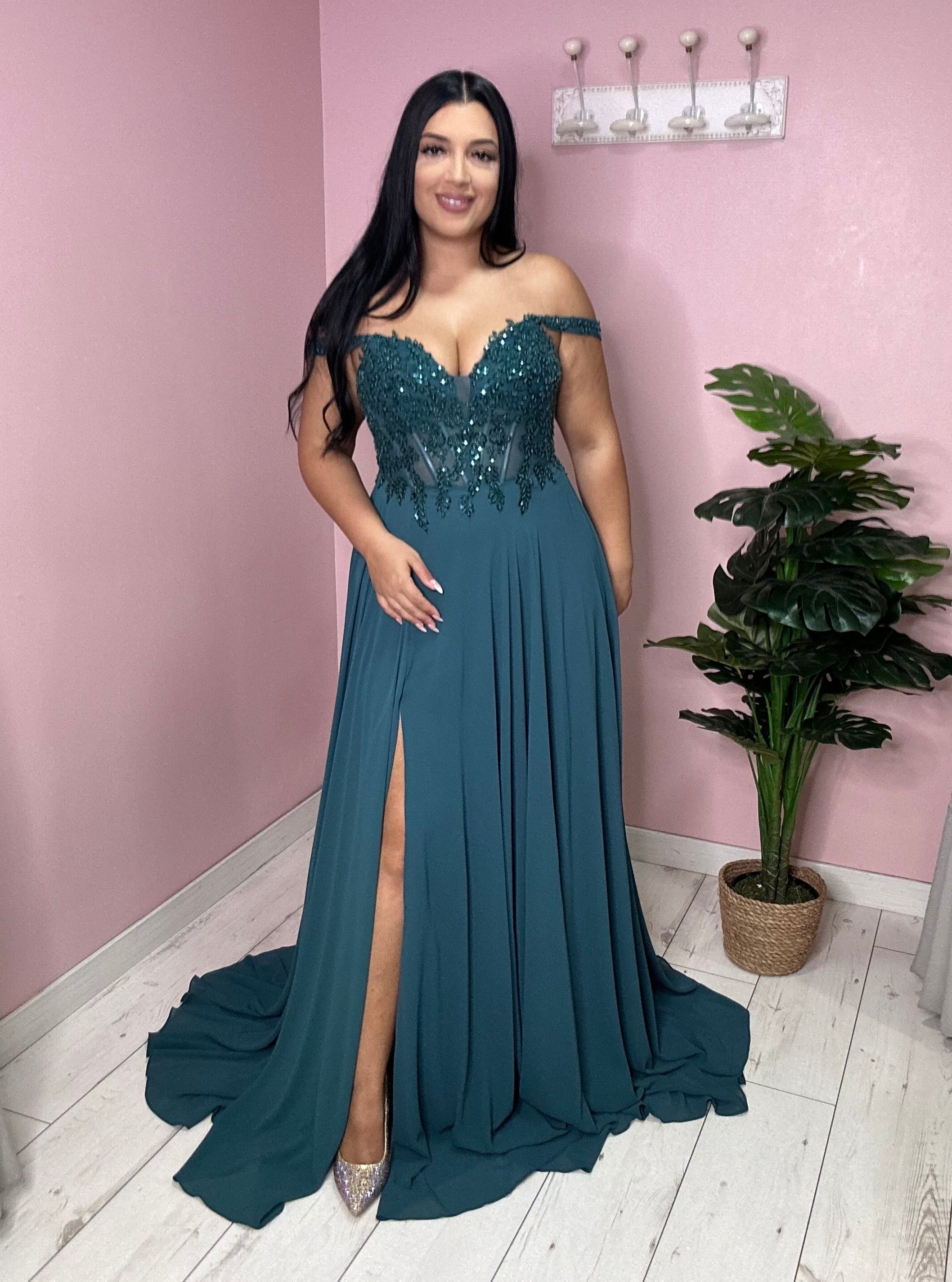 Robe de soirée 86025 vert foncé