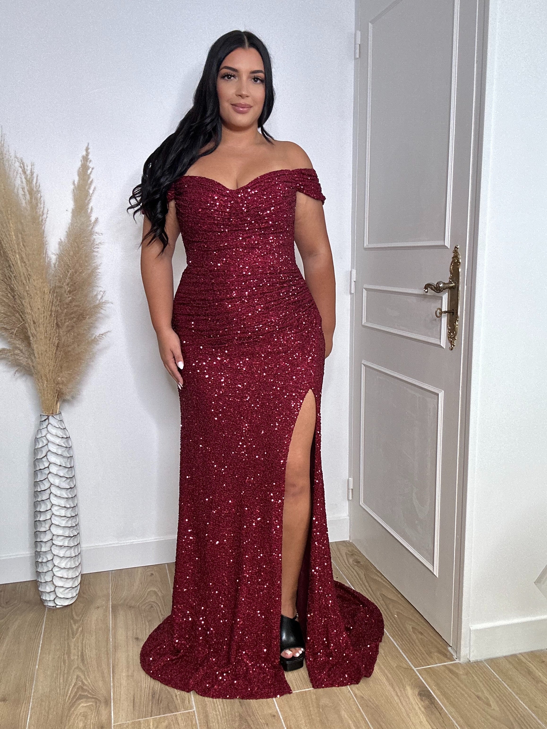 Robe de soirée à sequins 8079  bordeaux