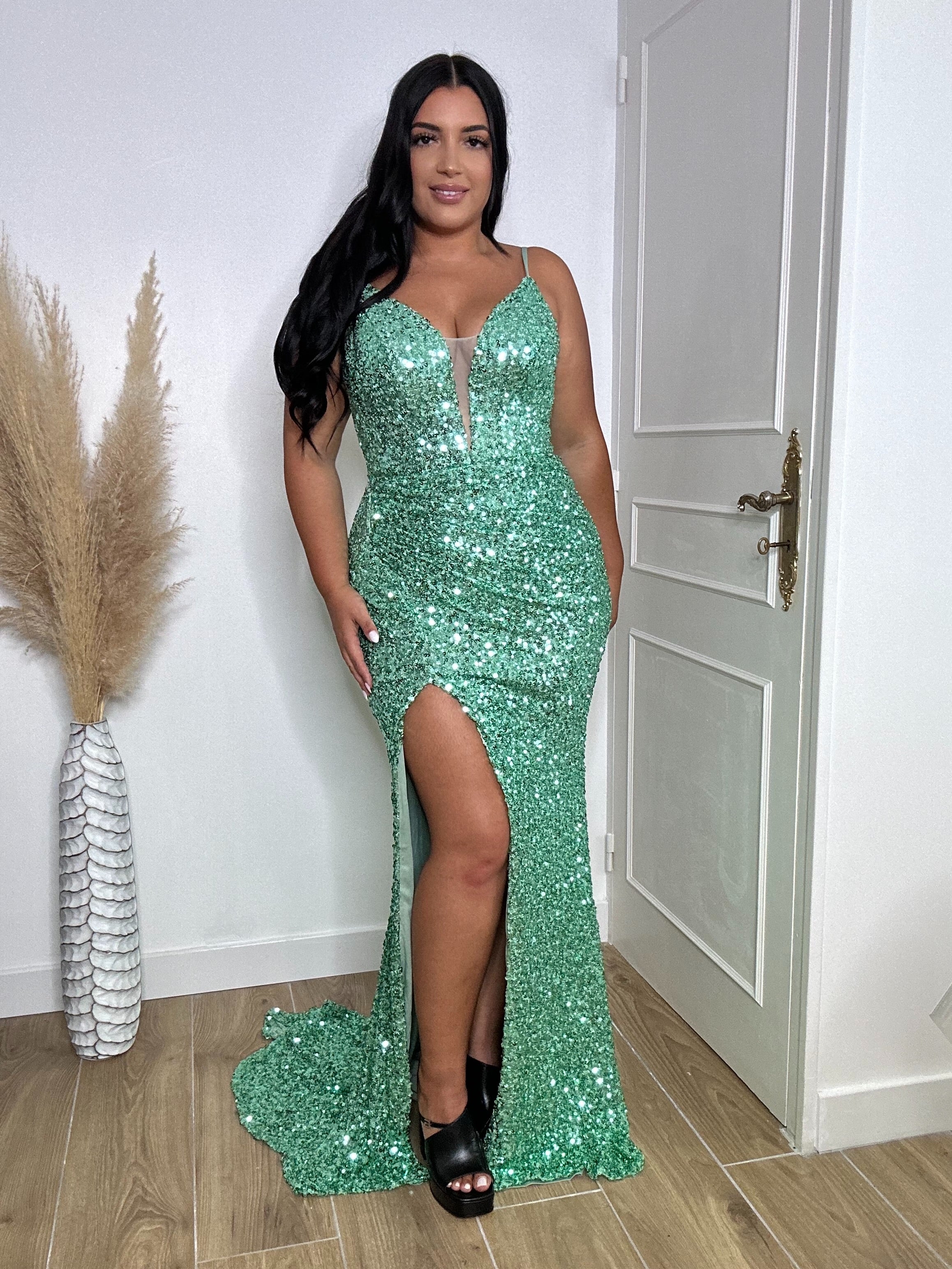 Robe de soirée à sequins 8065 vert clair