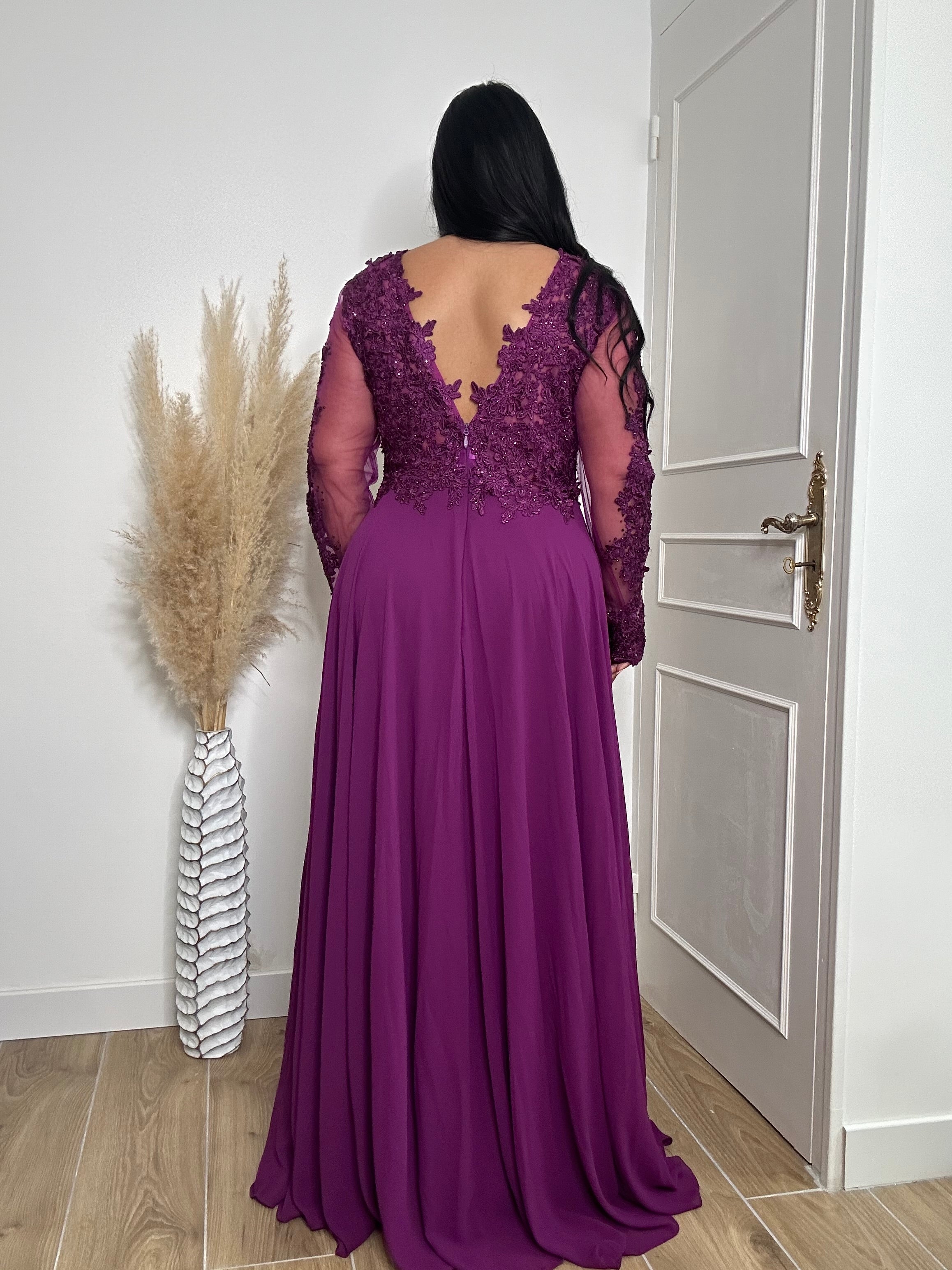 Robe de soirée manches longues 9391 violet grande taille