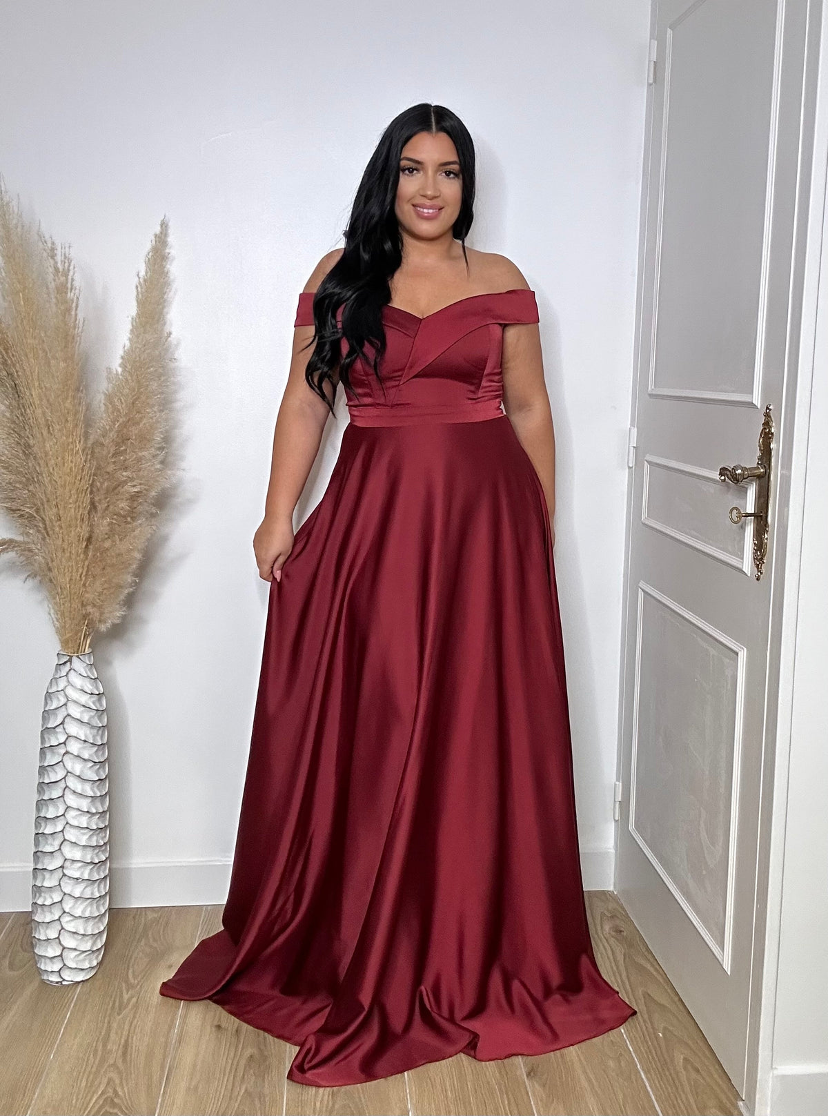 Satin Robe Soirée Colle Bateau Cocolii Longue Robe Fendu Le Côté