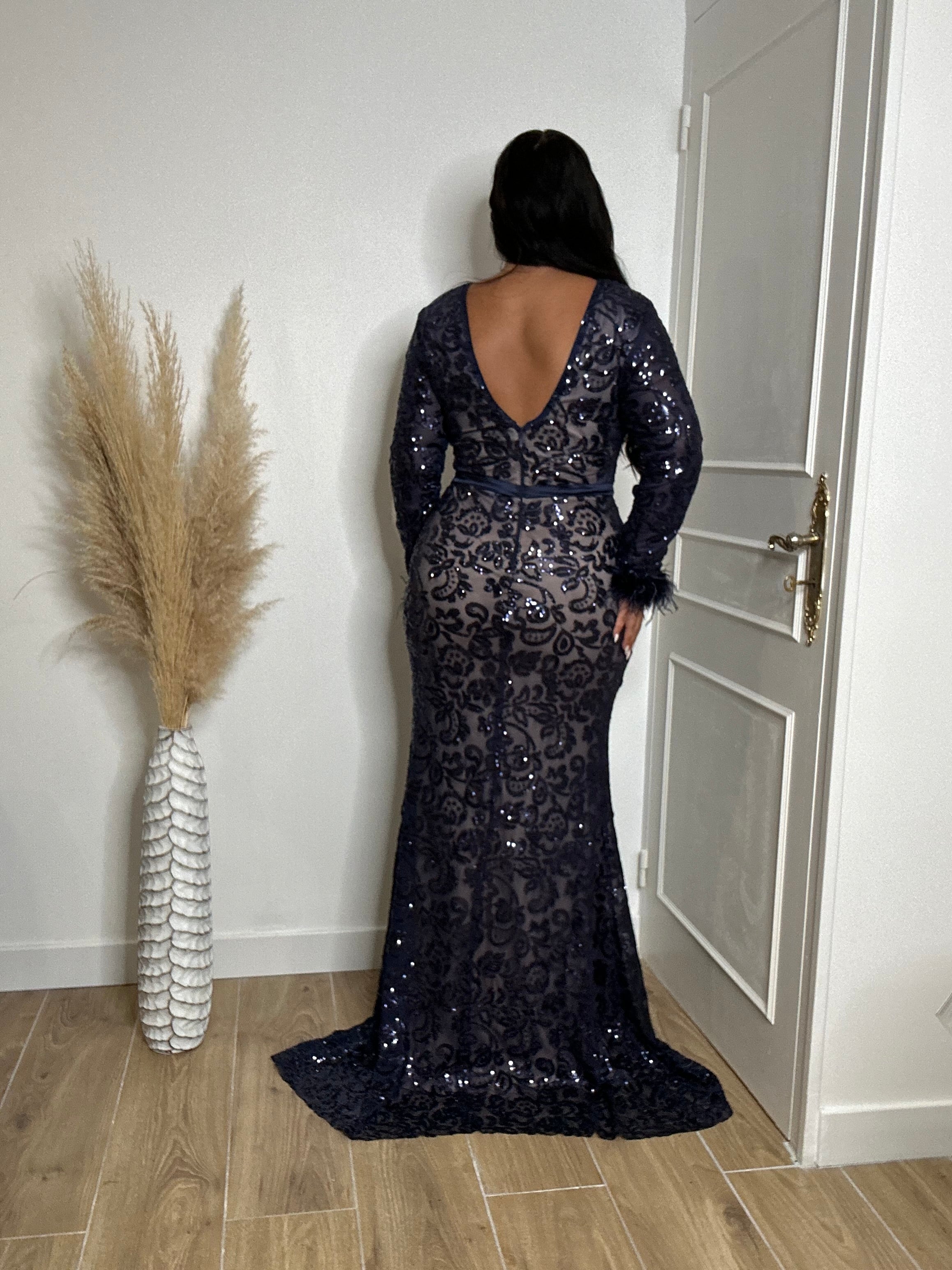 Robe de soirée manches longues 23092 bleu marine
