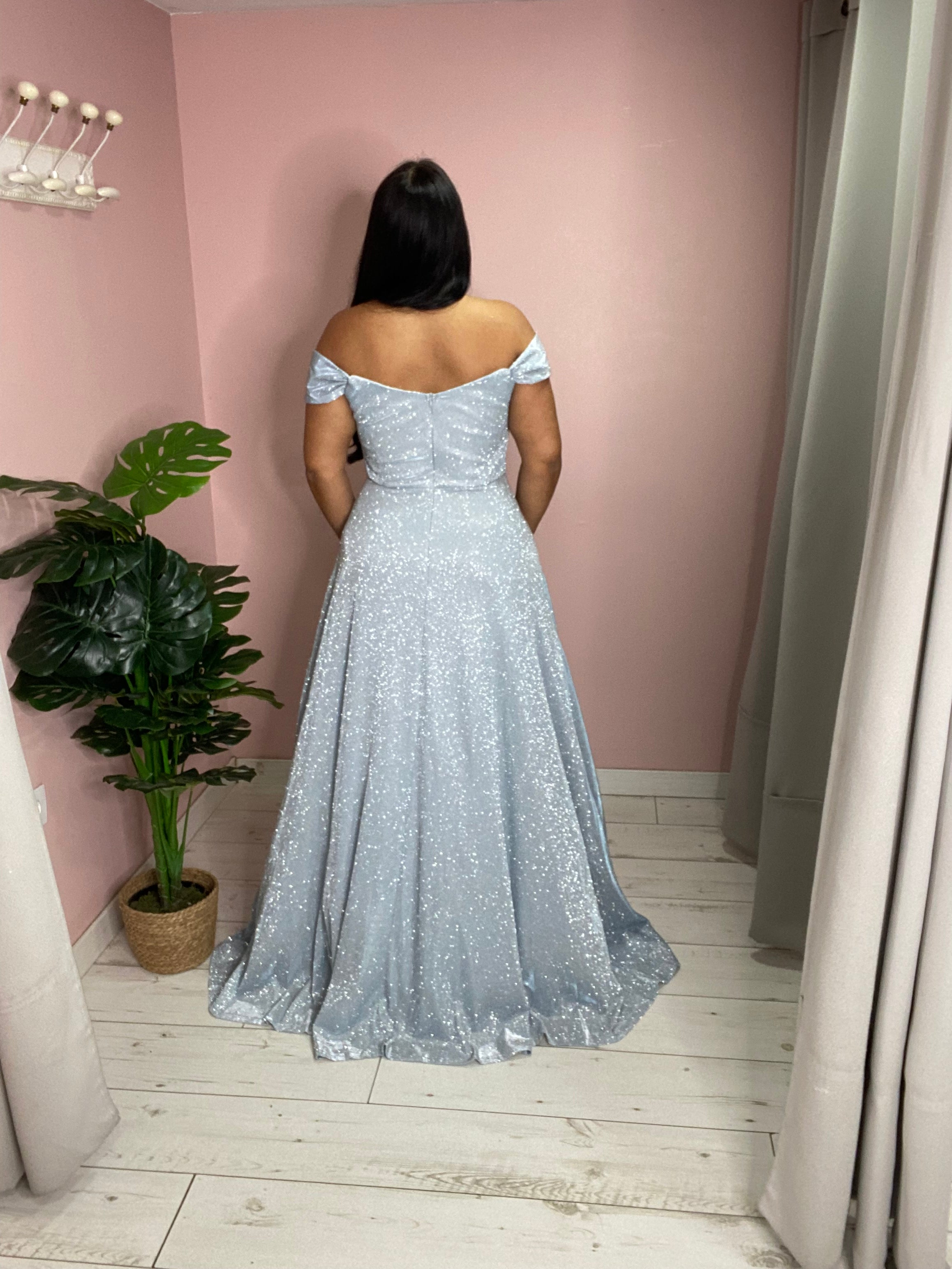 Robe de soirée 5037 bleu givré argenté