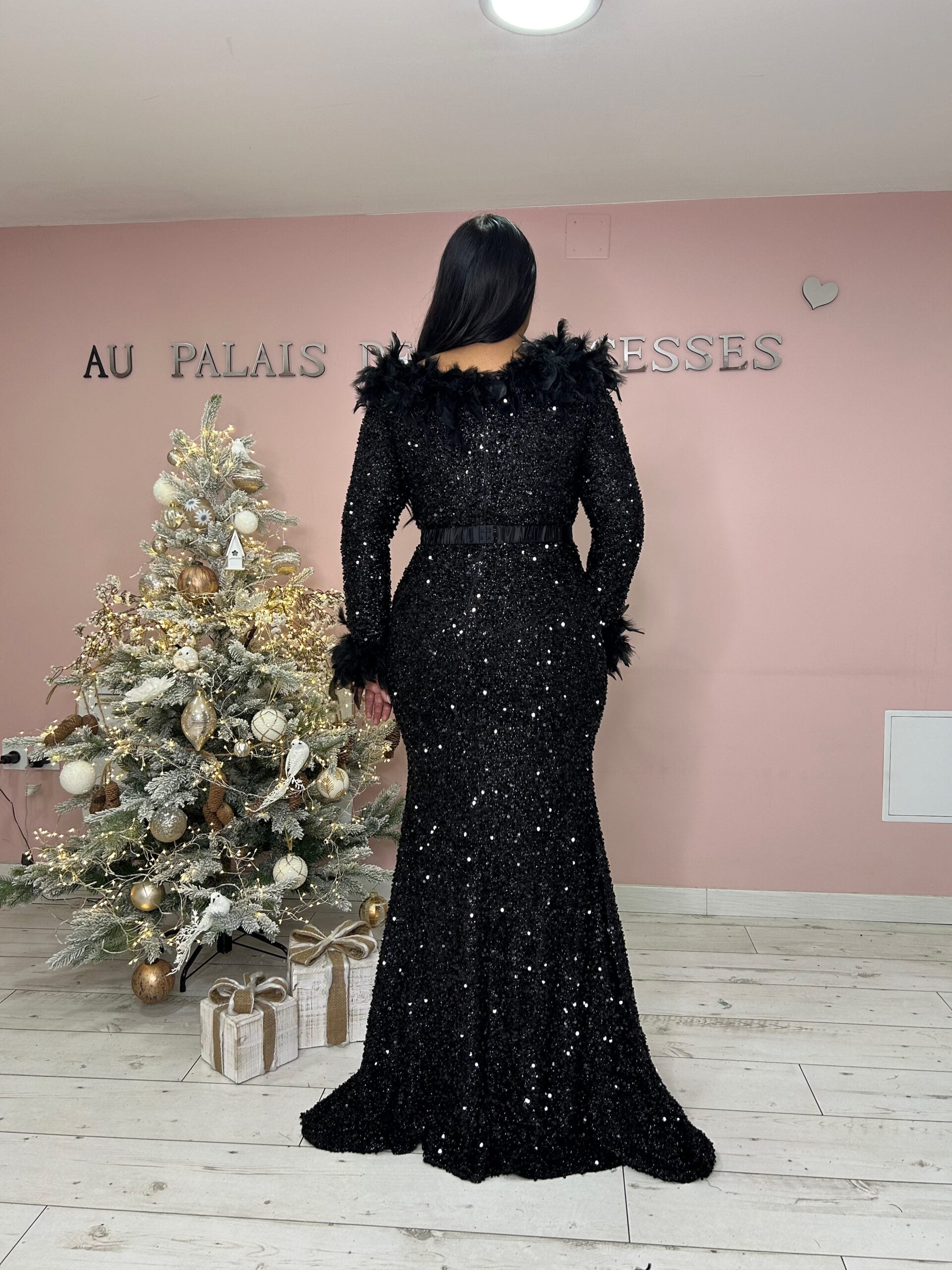 Sequin and feather evening dress 23191 black